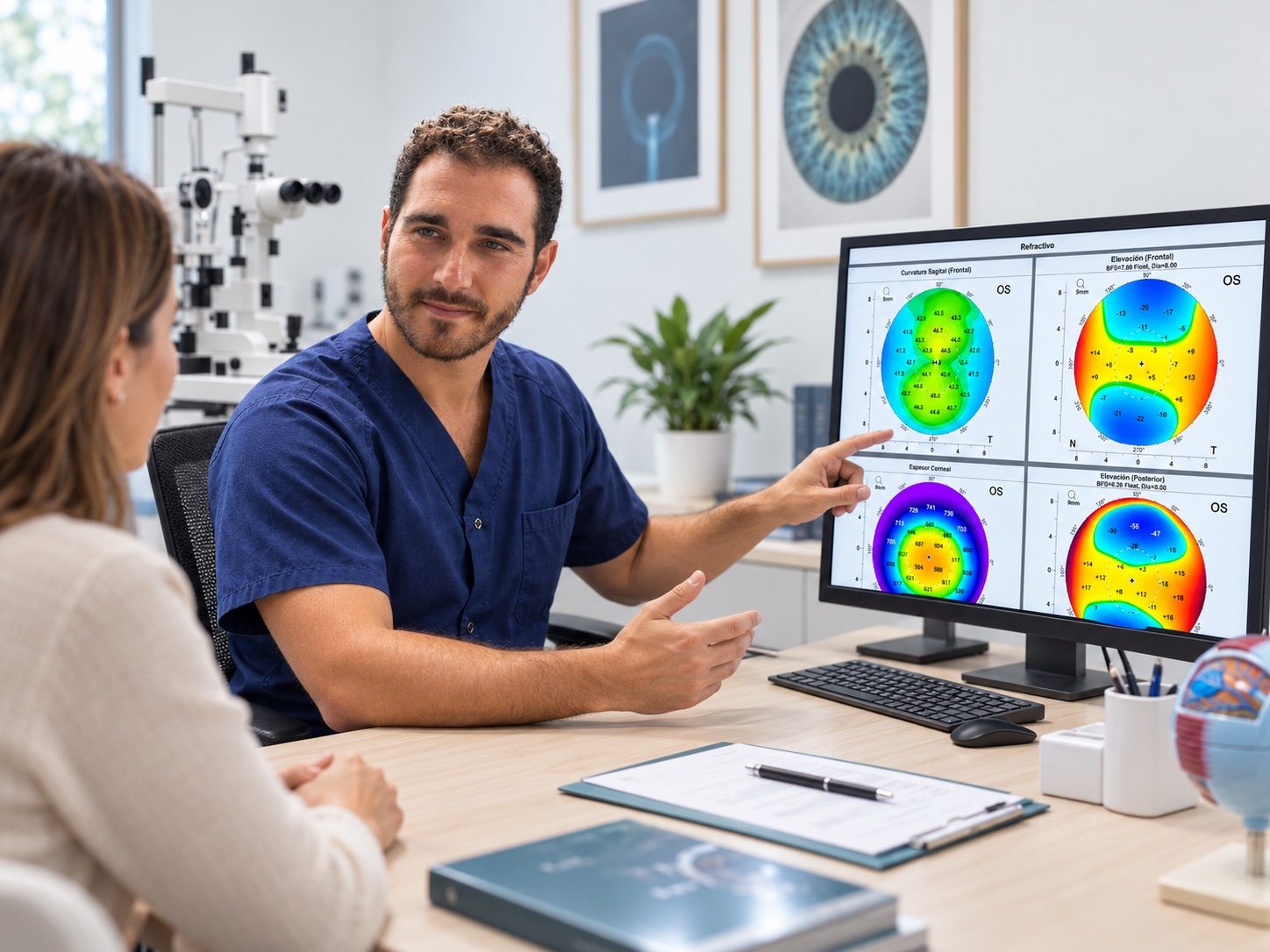 El Dr. Villa Carpes explicando una topografía corneal a una paciente