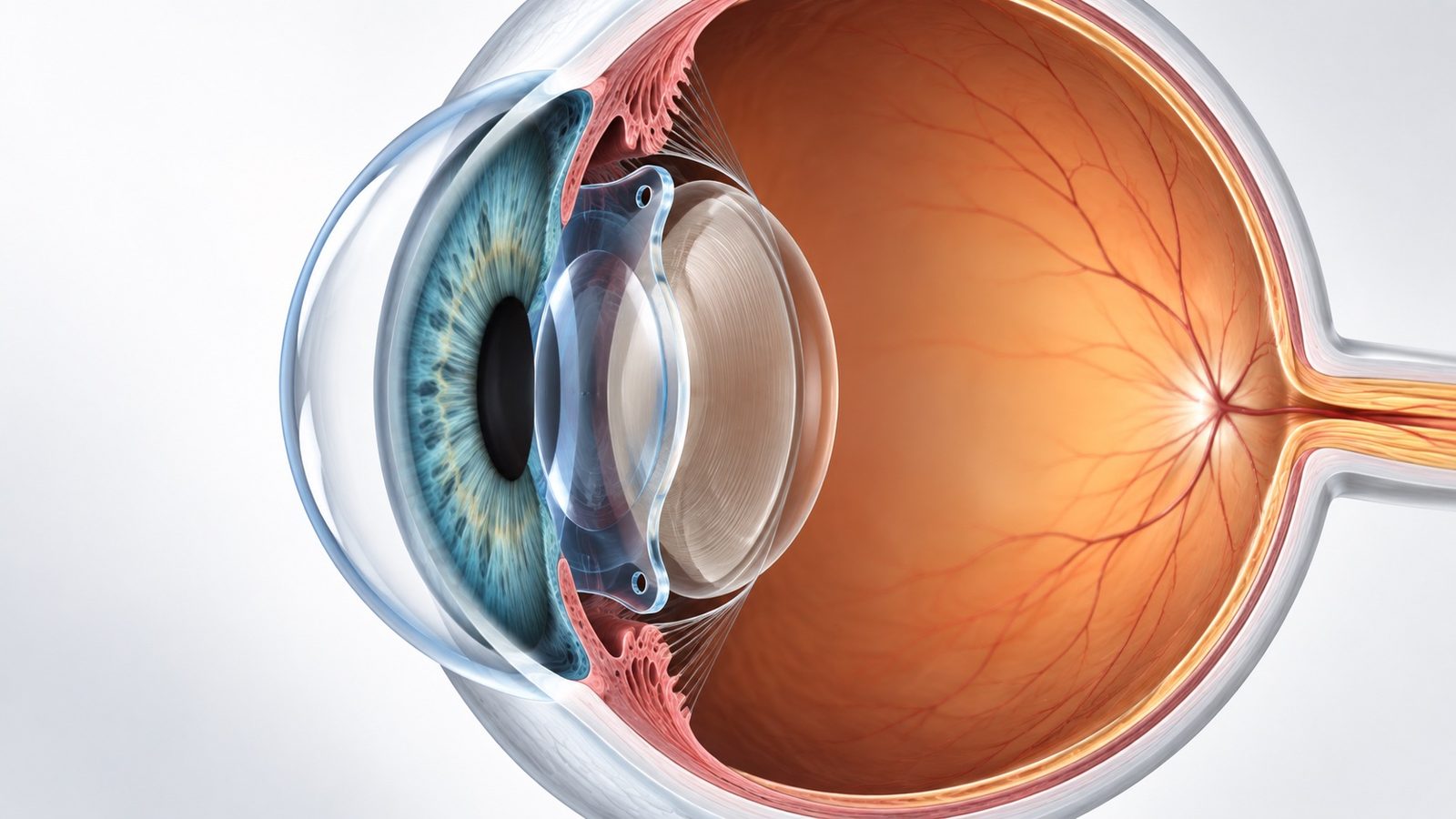 Ilustración anatómica del ojo con la lente ICL